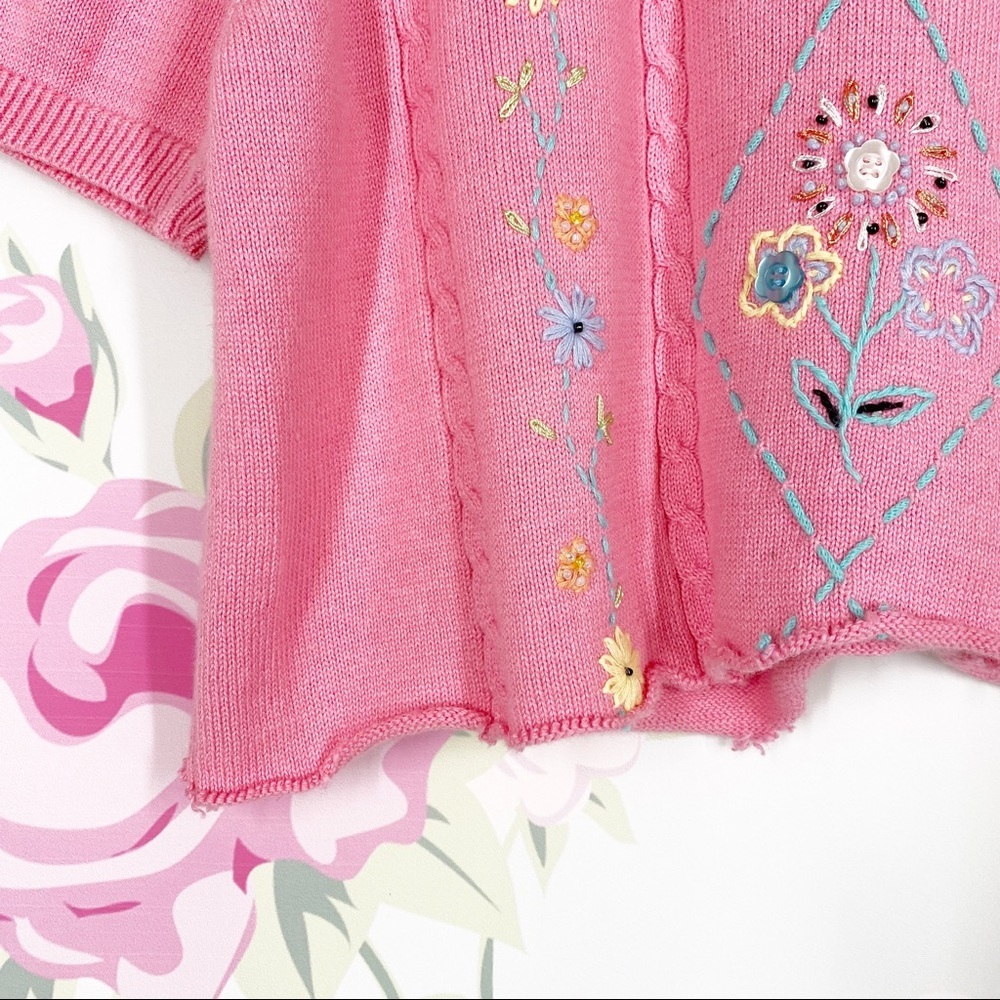 Vintage Style Pink Floral Grannycore Embroidered Knit Crop Top S - Picture 4 of 7